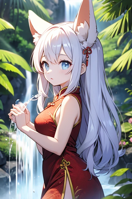 Animal ears girl A Chinese dress with a delicate design Big Breasts Receiving water from a waterfall over one's head