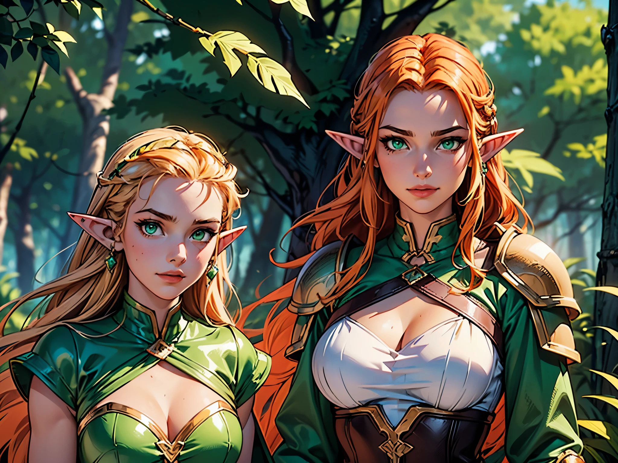 (masterpiece), best quality, expressive eyes, perfect face, two adventurer girls, ( 1 girl, elf ears, blond hair, green eyes, green dress, jewelry, magic user), ( 2 girl, elf ears, orange hair, brown eyes, leather armor, fighter) , magical forest background smirk, sultry look, seductive,