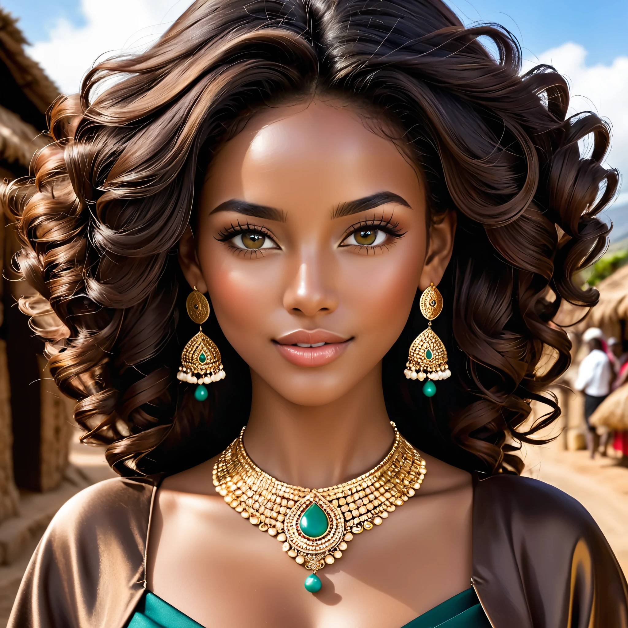 Teint de peau : Couleur caramel, doux et uniforme.
Visage : Traits fins et délicats, with slightly high cheekbones.
Yeux : Grands, expressifs, and dark brown in color.
Cheveux : Curly and voluminous, de couleur noire ébène, tombant en boucles naturelles autour de son visage.
Sourcils : Well defined and slightly arched, ajoutant à l'expression douce mais déterminée de son visage.
lips : Full and well defined, with a natural pinkish tint.
Expression et posture :

A light and warm smile that lights up his face.
Regard confiant et bienveillant, reflecting a strong and empathetic personality.
Posture droite et gracieuse, dégageant une aura de calme et de dignité.
Tenue vestimentaire :

Porte un ensemble traditionnel éthiopien, avec des motifs colorés et des tissus riches en texture.
Accessoires simples mais élégants, perhaps a pair of silver earrings or a delicate necklace.
Contexte :

Ethiopian natural or urban background, comme un paysage montagneux, a lively market, ou un village pittoresque.
Soft light, mettant en valeur les nuances de sa peau et la texture de ses cheveux.