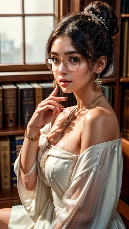 ((best quality)), ((masterpiece)), (detailed), (medium photoshoot), a perfect face goddess in an oversized dress walk in the library, eyeglasses, necklace, earring, bridal bun hair style, sit in the room, look out the window, sunset, real skin texture, ultra sharp, pay attention to the detail of the face finger and hair, detailed detail,