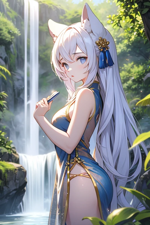 Animal ears　girl　A Chinese dress with a delicate design　Big Breasts　Bathe in the water of the waterfall from the head　soaked　See-through