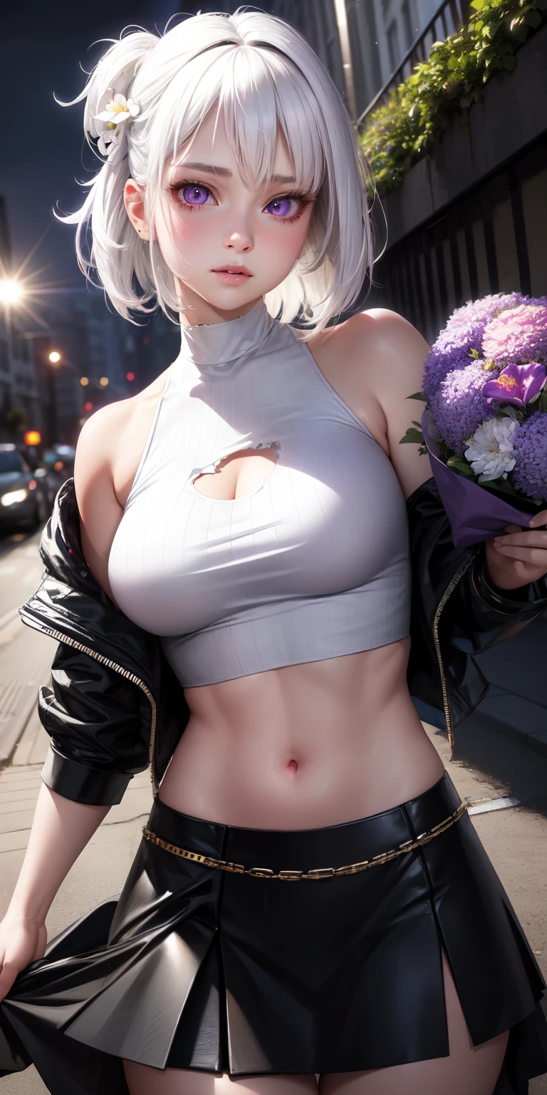 realistic, 1girl, white hair, purple eyes, glowing eyes, crop top, skirt, parted lips, blush, night, flowers, sun, sunlight,