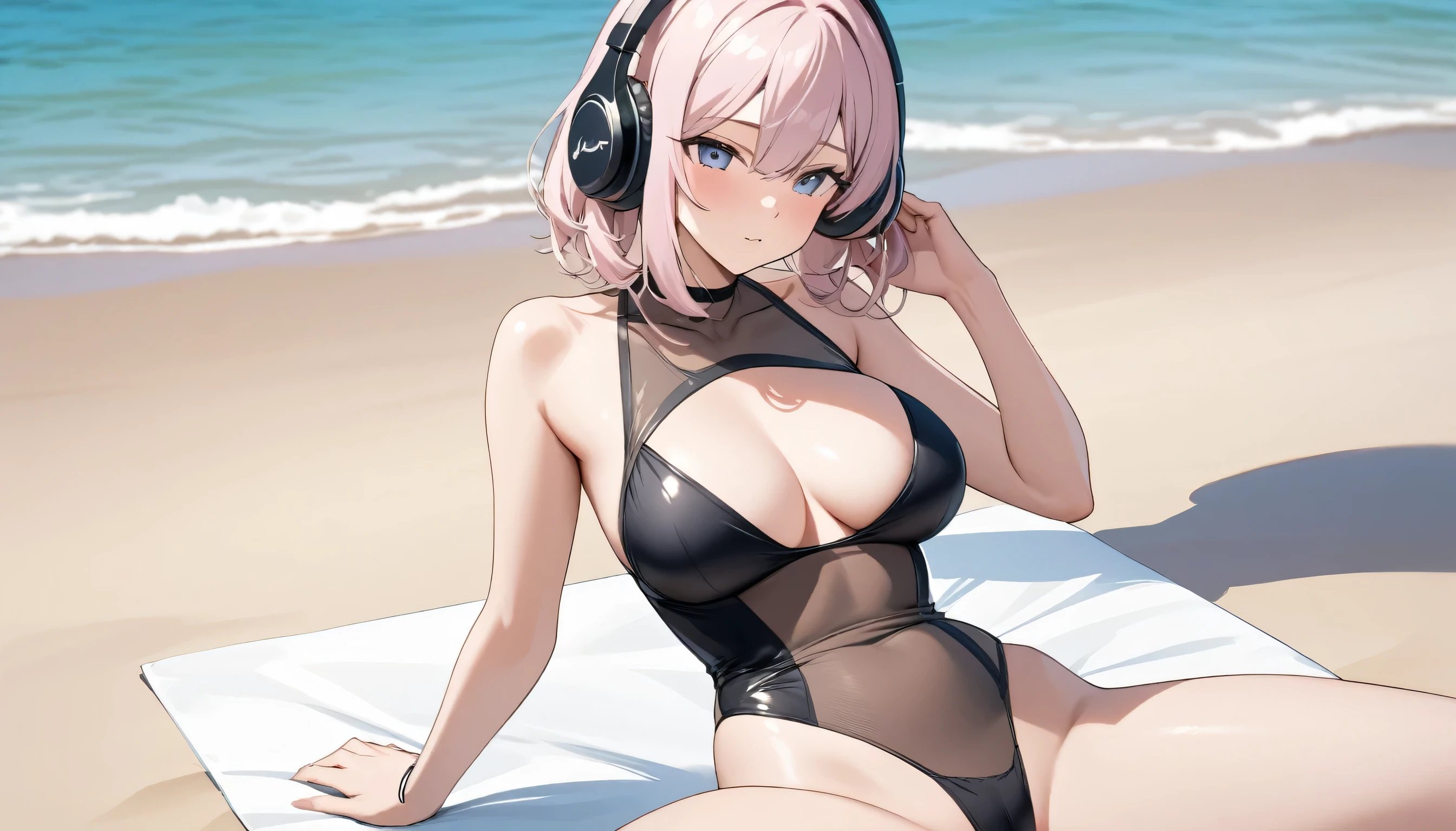 ((Top Quality)), ((Masterpiece)), ((Detail)), Perfect face, sitting on the beach, listening to music, wearing headphones, wearing swimsuits, swimsuits are transparent, legs open Sitting wide open, wearing tight clothing (yes, buttocks and breasts are exposed). I see a face.