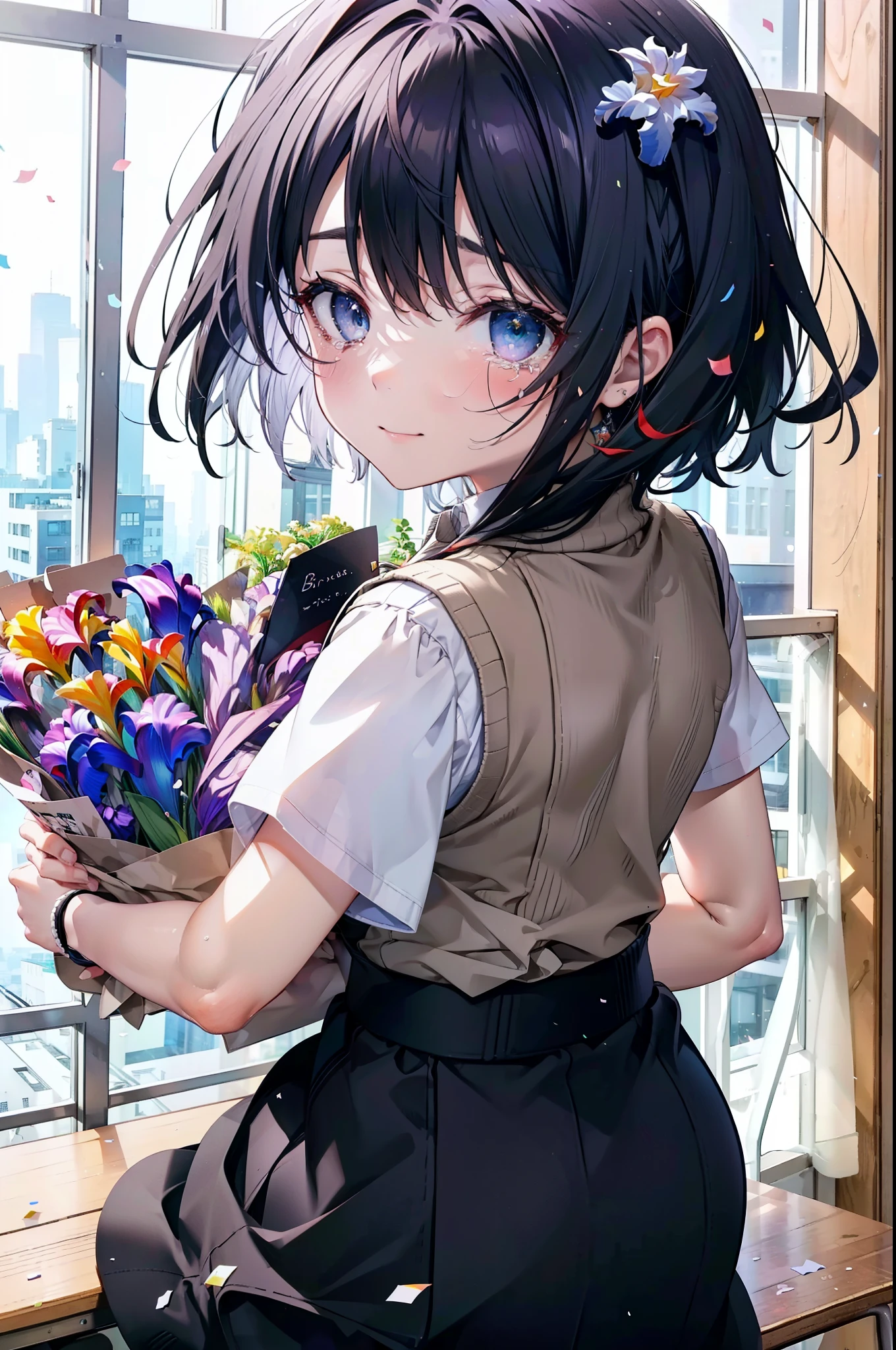 yuukikonno, Yuki Konno,Black Hair,short hair,Bob Hair ,Green headband,(iris:1.5), (Small breasts:1.2), smile,break skirt, shirt, bow, ribbon, , white shirt, Short sleeve, Pleated skirt, collared shirt, mini skirt, bowtie, 茶色のloafers , Black Skirt, Black Pantyhose, loafers, black bow, Sweater vest, (back Sweater vest:1.5),There is a big birthday cake on the table.,Tears stream down her face,Tears of joy,I cry a lot,whole bodyがイラストに入るように,holding a large bouquet of flowers in both hands,Confetti,
break indoors, School,classroom,
break looking at viewer, whole body,
break (masterpiece:1.2), highest quality, High resolution, unity 8k wallpaper, (shape:0.8), (Beautiful details:1.6), Highly detailed face, Perfect lighting, Highly detailed CG, (Perfect hands, Perfect Anatomy),