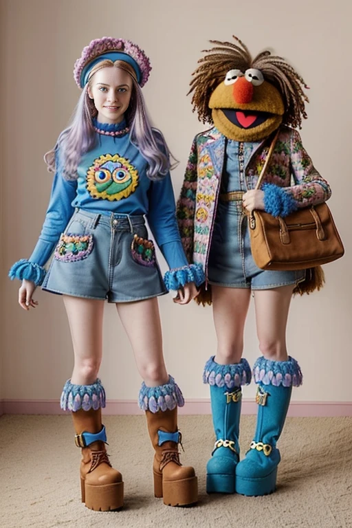 from below, (pale girl,pale skin full of freckles, glasses, muppet face bag, blue boots with a blue heel, full lenght view, heavy boots, platform boots, massive boots, kneehigh boots, full length view, full height view, flower power, killer boots, 1990s flower power hippy, ) outfit inspired by Cookie Monster Muppets clothes outfit,pop art, sesame street, sesame street muppets, gonzo, the muppets, muppet show, totally gonzo, leaked image, muppet with the girl.

