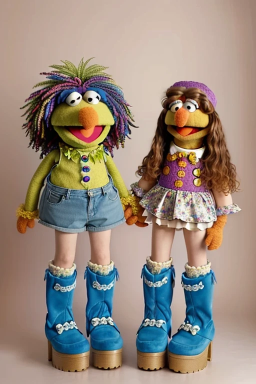 from below, (pale girl,pale skin full of freckles, glasses, muppet face bag, blue boots with a blue heel, full lenght view, heavy boots, platform boots, massive boots, kneehigh boots, full length view, full height view, flower power, killer boots, 1990s flower power hippy, ) outfit inspired by Cookie Monster Muppets clothes outfit,pop art, sesame street, sesame street muppets, gonzo, the muppets, muppet show, totally gonzo, leaked image, muppet with the girl.
