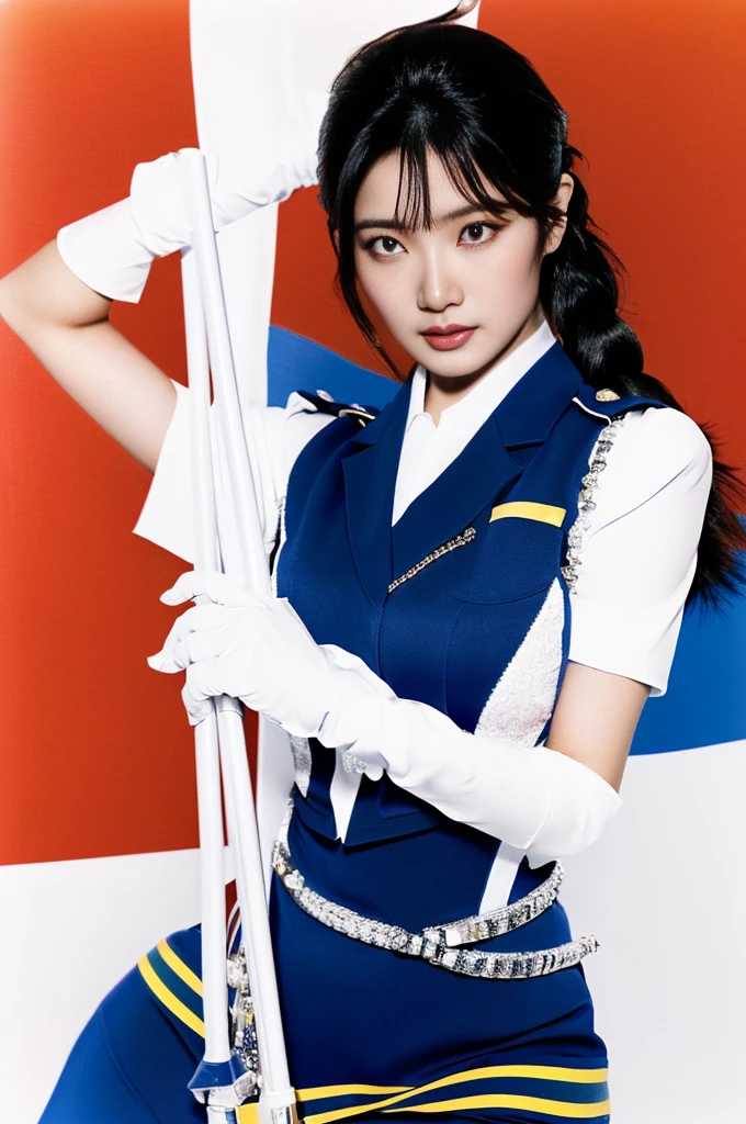 A woman dressed as a Color Guard poses with a flag, Conducting at the front of the marching band、yayoi kasuma, Seifuku, A girl dressed in color guard uniform,White braided boots、White Leather Gloves、 blue, Charming Jill Valentine, Misato katsuragi, Ayaka Cosplay, High Quality Rendering, Advertising images, Faye Valentine, Promotional Rendering, Ultra-high resolution, fubuki, sakimichan, Full body close-up shot