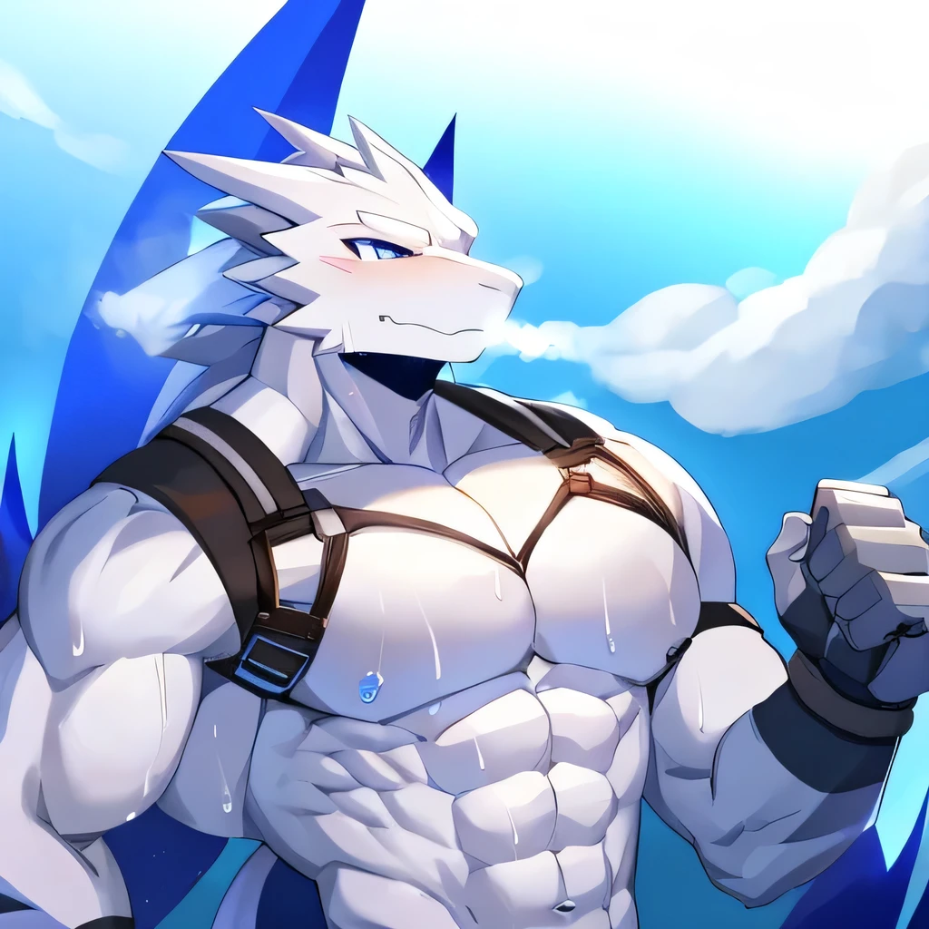 Thin macho white dragon abs Hollow abs thick arms chest rig 、sweaty skin glow profile Wearily short of breath clenching one's back teeth Knees on the floor rubber suit