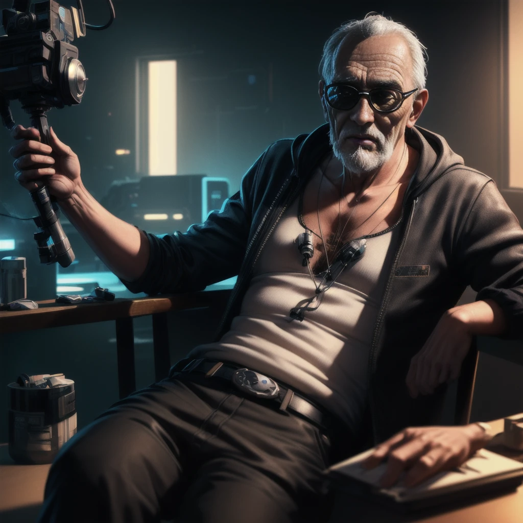 Masterpiece, best quality, (highly detailed CG unity 8k wallpaper), (best quality), (best illustration), (best shadows), isometric 3D , octane rendering, ray tracing, highly detailed, oldman master storyteller ancient philosopher cyberpunk closeup view