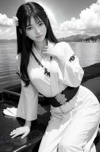 a lot of details, (slender waist), 30 years old, detailed black hair, beautiful detailed hair, super fucking beautiful, complex details beautiful and delicate eyes, perfect hands, (small breasts best quality), perfect and delicate limbs, detailed skin, best quality, ultra-detailed,full body shot,
Japanese temple, (suzaku:1.2), cloud texture, blissful, smiling, (floating:1.2), looking down, long hair tied back, (Japanese floral white yukata:1.2), Japanese, in the clouds, with a rainbow,1940s, front view, ground-level shot,(monochrome:1.4)