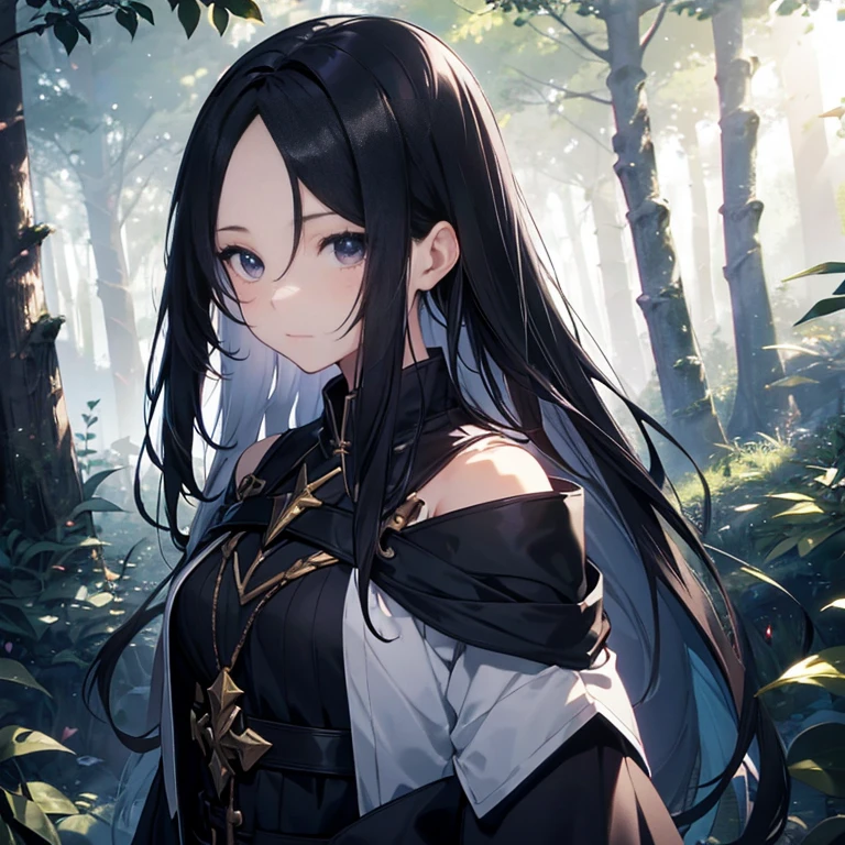 RPG game world, wizard, girl, cute, innocent expression, questioning face, Japanese looking face, black eyes, black hair, long hair, wide forehead, black based clothing, shoulder skin visible, battle, flashy, magic, background forest surrounded by trees