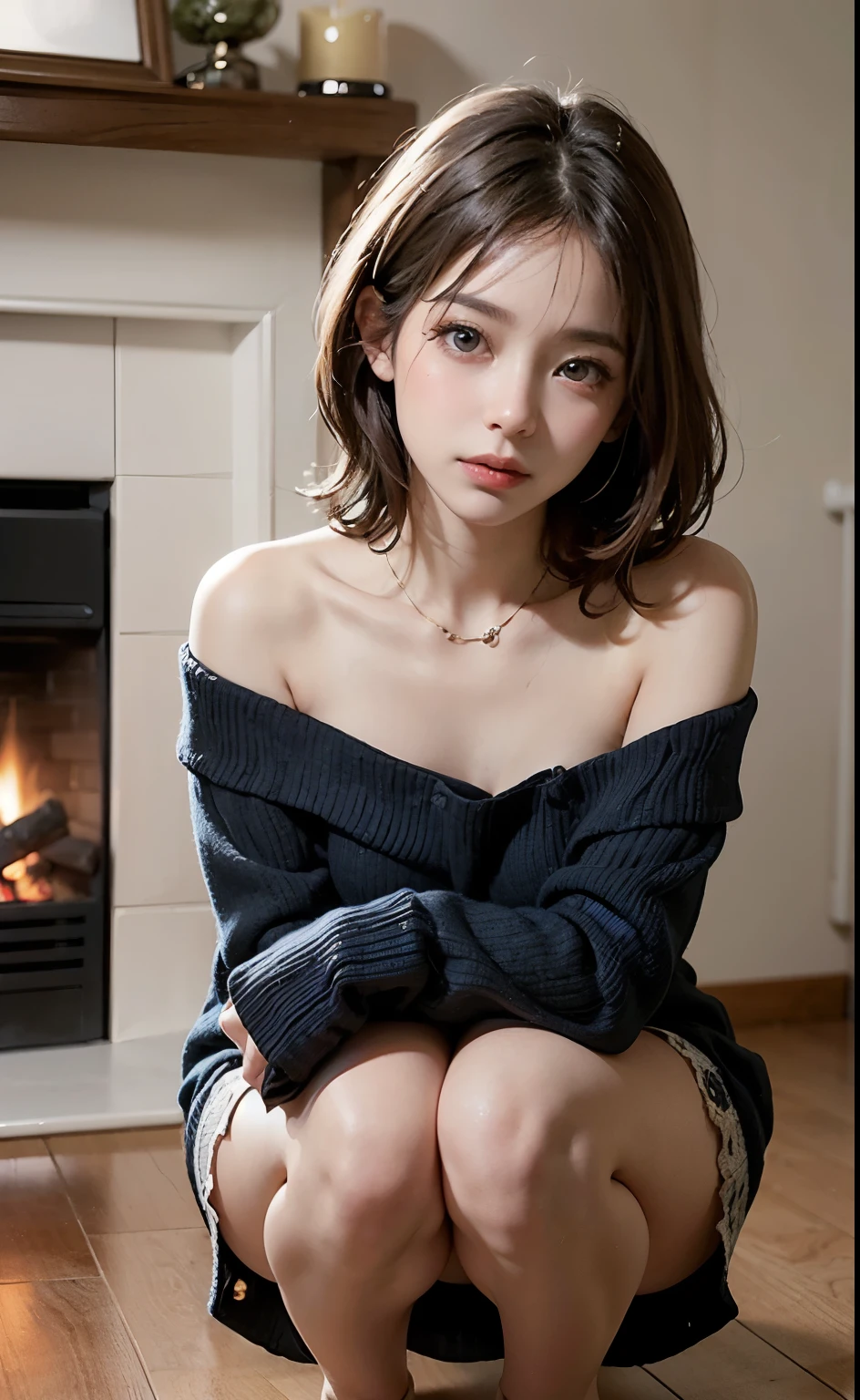 Mom wearing an off-shoulder knitted mini-dress, brown, bare feet, crouching down on her knees, warm in the room with the fireplace, beautiful face for everyone to see, from the front.