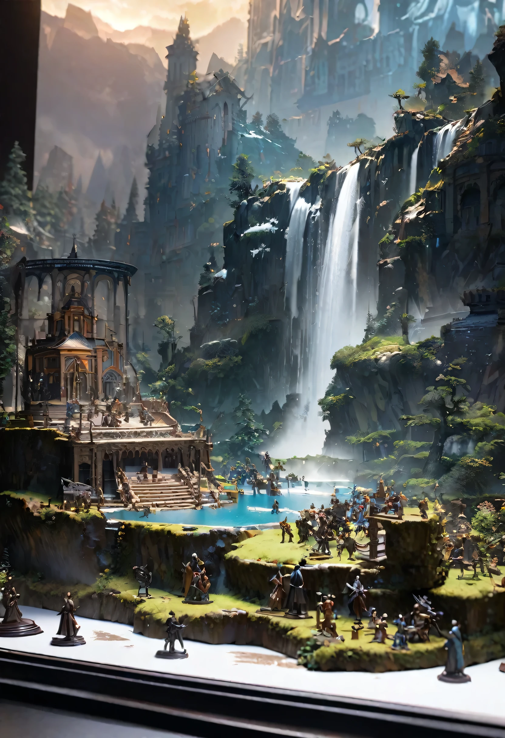 (masterpiece, figure, highest quality, detailed,High resolution:1.4), In the distance, colorful, Vibrant, wealthy, Volumetric lighting, Contrast, , From afar, Depth of written boundary , scenery, Landscape painting, Concept Art, Intricate details, Stylized, , Cloudy, Moonlit night starry sky, Fantasy, Cities of the ancient kingdom [Colosseum,sacred,Cathedral] scenery, snow, waterfall, , Blooming tree々、Grass、flower ,  Rocky Mountains and forest snow in the background ,    , (fantasymagic:1.4)