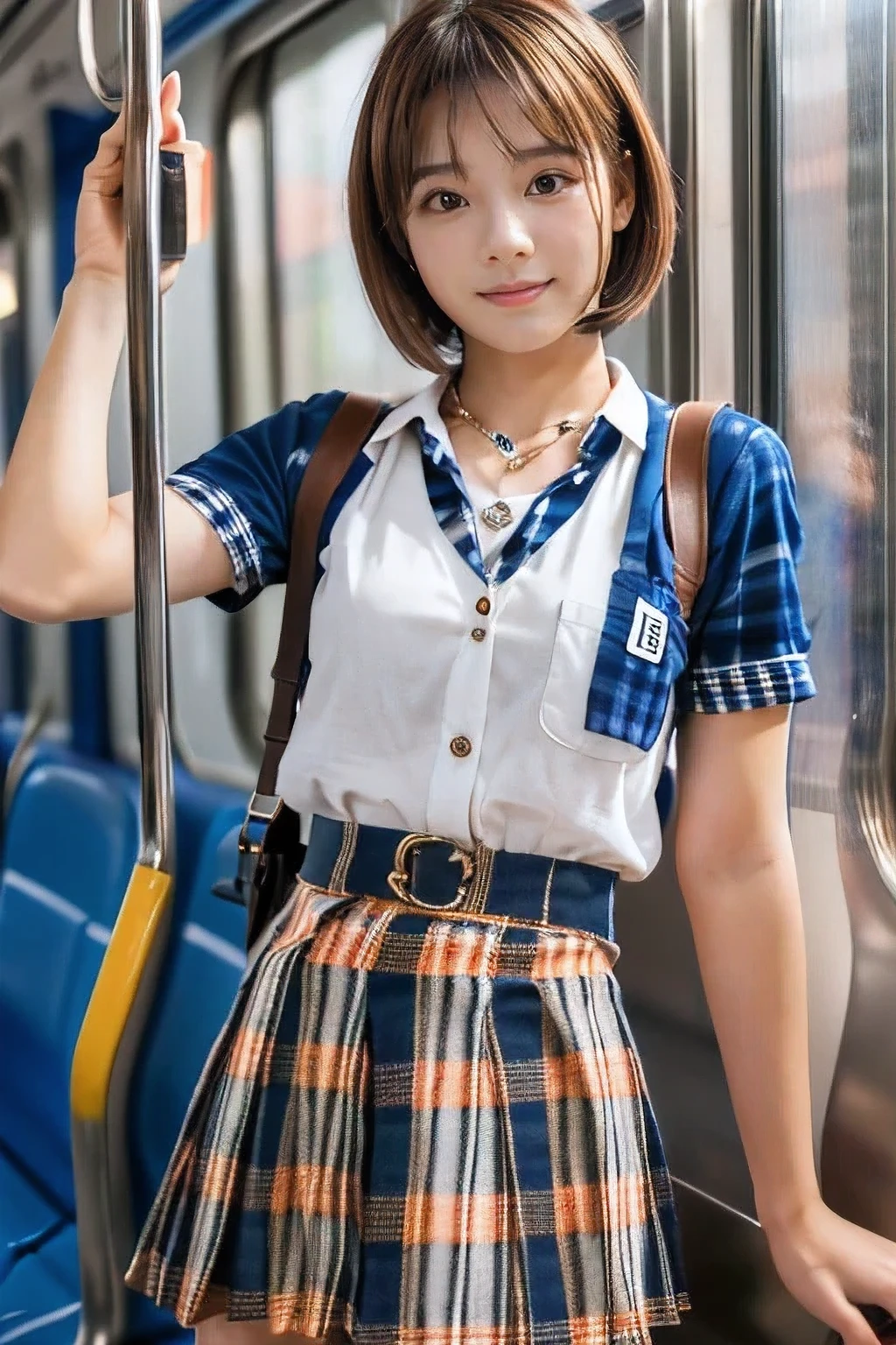 (on the train、An 18-year-old female attending school:1.5)、(Holding on to a strap:1.2)、(The best quality at its best:1.4), (Super detailed), (Very detailed CG unified 16k), Beautiful woman with perfect figure: 1.4, Sharp focus: 1.2, Very detailed, High-quality RAW color photos, Professional photography, Great face and eyes, cosmetics, (Amazingly beautiful girl), ((school uniform、Checkered mini skirt:1.5)), Sexy posture，(View from below), Realistic movie faces, Wide zoomed out view of head to foot length, Full body long view, Realistic, ((Realistic natural orange red hairstyle, Realistic blue eyes)), ( Short Bob Hair:1.5), (necklace:1.5)、, Very beautiful face, Perfect model beauty, Mouth swelling, Highly detailed face and skin texture, Fine grain, double eyelid, Medium chest, smile, Crack, west, (masterpiece), highest quality, High resolution, Very detailed, Blurred Background, Depth of written boundary, Cinema Lighting, Great legs, , Clear, well-maintained skin, (((Women make up the majority of the photo)))