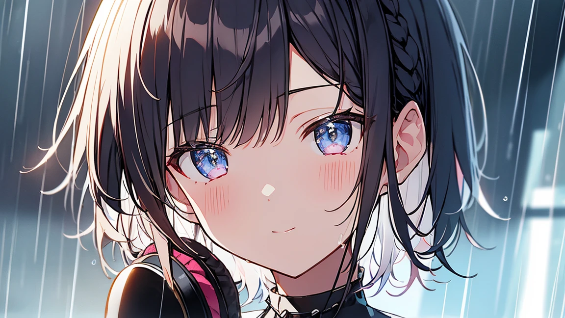 Tabletop, highest quality,shape, wallpaper, Very detailed, Absurd, One Girl、 (Medium Short Hair、Short braided hair), very fine and beautiful eyes、Hmph、Small Head、きれいなrain空、(panoramic:1.5)、Headphones、study、rain、梅rain、rain上がり、weather 、The beauty of looking back、Akita Mi