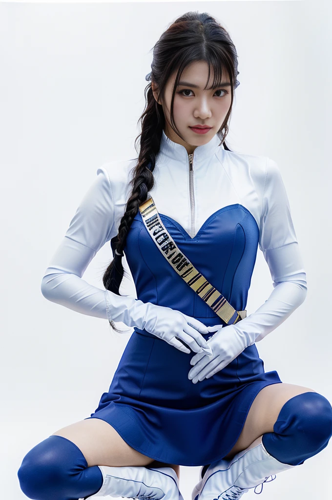 A woman dressed as a Color Guard poses with a flag, Conducting at the front of the marching band、yayoi kasuma, Seifuku, A girl dressed in color guard uniform,White braided boots、White Leather Gloves、 blue, Charming Jill Valentine, Misato katsuragi, Ayaka Cosplay, High Quality Rendering, Advertising images, Faye Valentine, Promotional Rendering, Ultra-high resolution, fubuki, sakimichan, Full body close-up shot