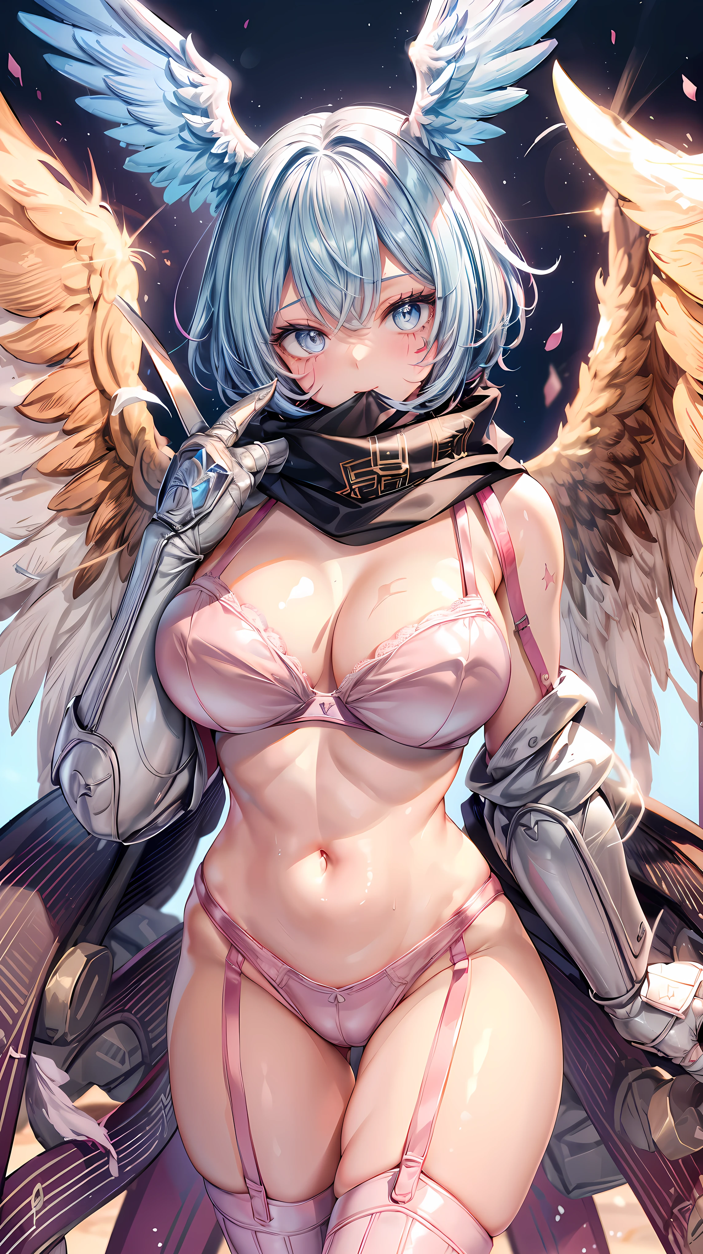 Very detailed、highest quality、Best image quality、masterpiece、8k、Anime Face、A kind smile、Sparkling blue eyes、Light blue hair、(Big Breasts:1.5)、shutumon、Cowboy Shot、(highleg:1.5)、Claw Hand、shy,scarf,big head wings,(mouth mask),(facial mark:1.3),midriff,leash,pink paw footwear,(pink sweatshirt),(garter straps),big brown feathered wings,scarf,pink thighhighs,hand of guido daniele,(bra:1.5)