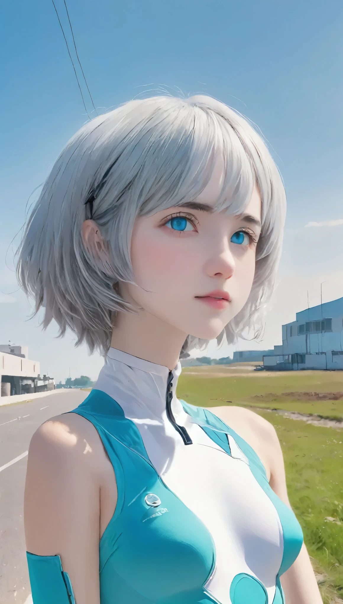 (masterpiece:1.2), highest quality, (Beautiful details:1.6), Detailed Photos, (Perfect hands, Accurate anatomy), Natural light, Under the blue sky, Rei Ayanami, Evangelion, One Woman, Sad look, Look up at the sky, Grey Eyes,  (Her eyes are grey:1.6), Open your mouth a little, Cyan-colored hair, Smooth Hair, Thin Hair, short hair, Semi-elliptical head interface, Small Headset, Don't leave or right々headgear of, Oval Headset, Bodysuits, Complete plug suit, Simple plug suit, White-based Bodysuits, Smooth Bodysuits,