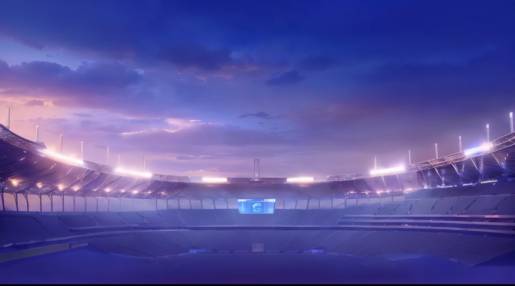 arafed view of a stadium with a sky background and a stadium with a sky background, stadium landscape, Arena Background, dramatic stadium lighting, stunning atmosphere, Beautiful Ambience, stadium setting, epic stunning atmosphere, Arena Background, Game Background, Tensions, Sky Dome, cool Sky Dome, stadium, soccer stadium, art deco stadium, Gorgeous atmosphere, Blue atmosphere