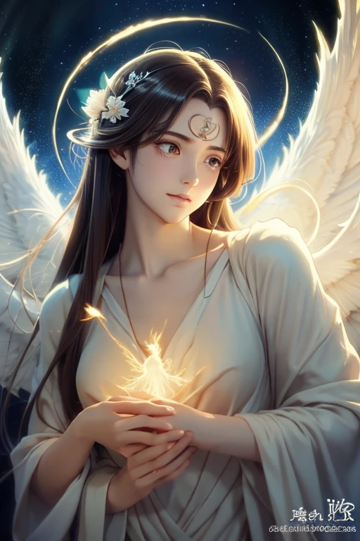 Anime Style, (Surrealist:1.2), beautiful, Master Parts, highest quality, Highly detailed face, Perfect lighting, Nice hands, Perfect Arms, An angel shining with a sacred and heavenly splendor, (Heavenly Being:1.2), (Calm expression), (Majestic Wings), (Mysterious glow:1.1), (Peaceful and comfortable), (Superb beauty), (God's Grace), (A symbol of purity), (Golden Halo), (An uplifting atmosphere), (Kingdom of Heaven), (Spiritual Lighting), (Soft and protective), (Illumination light:1.2), (Angelic figures), (Harmony and tranquility), (Angel Robe), (Timeless and heavenly), (Captivating aura), (Healing and guidance)