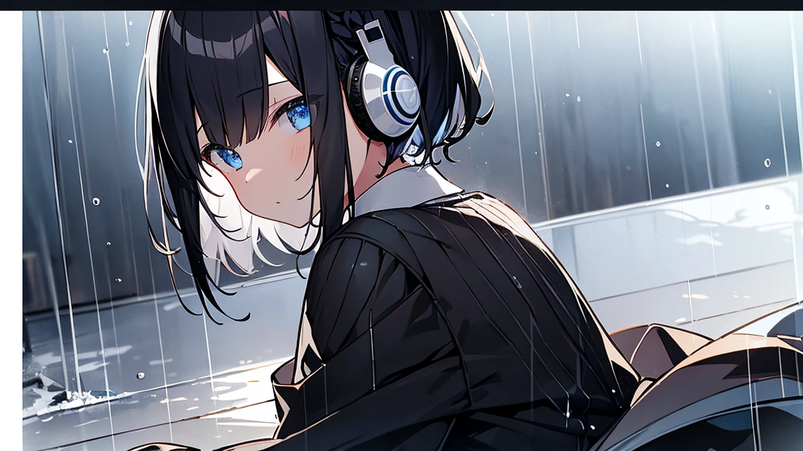 Tabletop, highest quality,shape, wallpaper, Very detailed, Absurd, One Girl、 (Medium Short Hair、Short braided hair), very fine and beautiful eyes、Hmph、Small Head、きれいなrain空、(panoramic:1.5)、Headphones、study、rain、梅rain、rain上がり、weather 、The beauty of looking back、Akita Mi