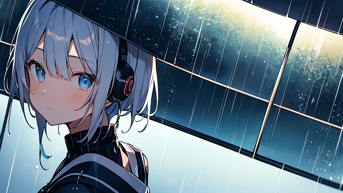 Tabletop, highest quality,shape, wallpaper, Very detailed, Absurd, One Girl、 (Medium Short Hair、Short braided hair), very fine and beautiful eyes、Hmph、Small Head、きれいなrain空、(panoramic:1.5)、Headphones、study、rain、梅rain、rain上がり、weather 、The beauty of looking back、Akita Mi