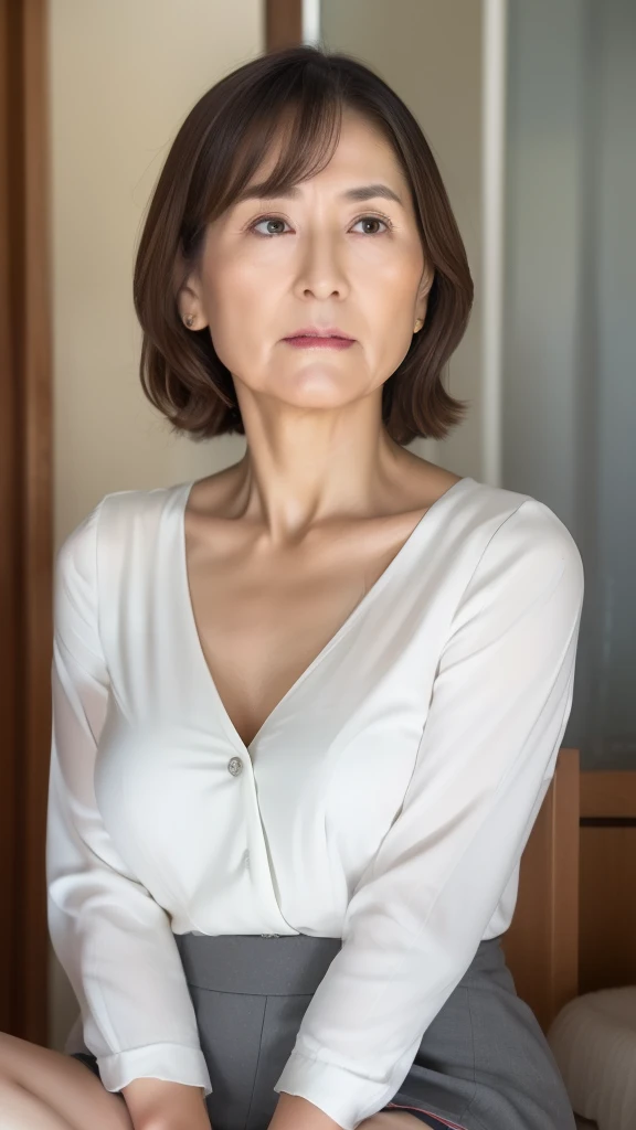 High resolution, High resolution, Attention to detail, masterpiece, Wrinkled skin, Anatomically correct, sharp,((Japanese Mature)),(80 years old:1.3), alone, Facial wrinkles, Shapely large breasts, Long black hair,bangs, Fair skin,((Looking Ahead, Center the screen)), Mouth closed and serious face,(Look at the photographer:1.2),In the cardboard warehouse,(Serious expression:1.6),(White blouse:1.3),(Ultra mini skirt:1.4),(old woman:1.2),(Sad expression:1.1),(Cleavage:1.1),Bright red lipstick,Heavy makeup,(Thighs:1.3),(Spread your legs:1.1),Sitting,female teacher