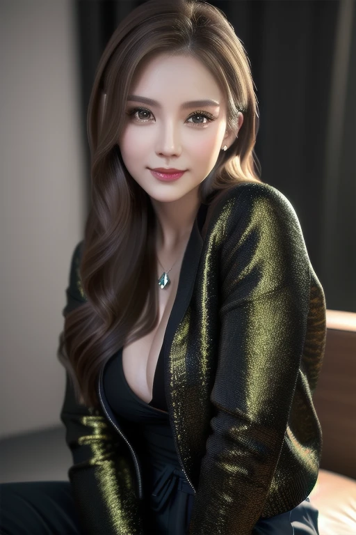 a beautiful russian woman in her 20s, light brown hair, fine white skin, attractive face, tight waist, cleavage, smiling kindly, active posing, detailed eyes, beautiful detailed nose, beautiful detailed lips, long eyelashes, perfectly balanced body, (best quality,8k,highres,masterpiece:1.2),ultra-detailed,(realistic,photorealistic,photo-realistic:1.37),HDR,UHD,studio lighting,ultra-fine painting,sharp focus,physically-based rendering,extreme detail description,professional,vivid colors,bokeh,portrait,seductive gaze,sitting with legs crossed, wearing a loose jacket,black clothes,tying up hair,single lens reflex camera