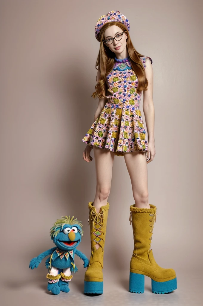 from below, (pale girl,pale skin full of freckles, glasses, muppet face bag, blue boots with a blue heel, full lenght view, heavy boots, platform boots, massive boots, kneehigh boots, full length view, full height view, flower power, killer boots, 1990s flower power hippy, ) outfit inspired by Cookie Monster Muppets clothes outfit,pop art, sesame street, sesame street muppets, gonzo, the muppets, muppet show, totally gonzo, leaked image, muppet with the girl.

