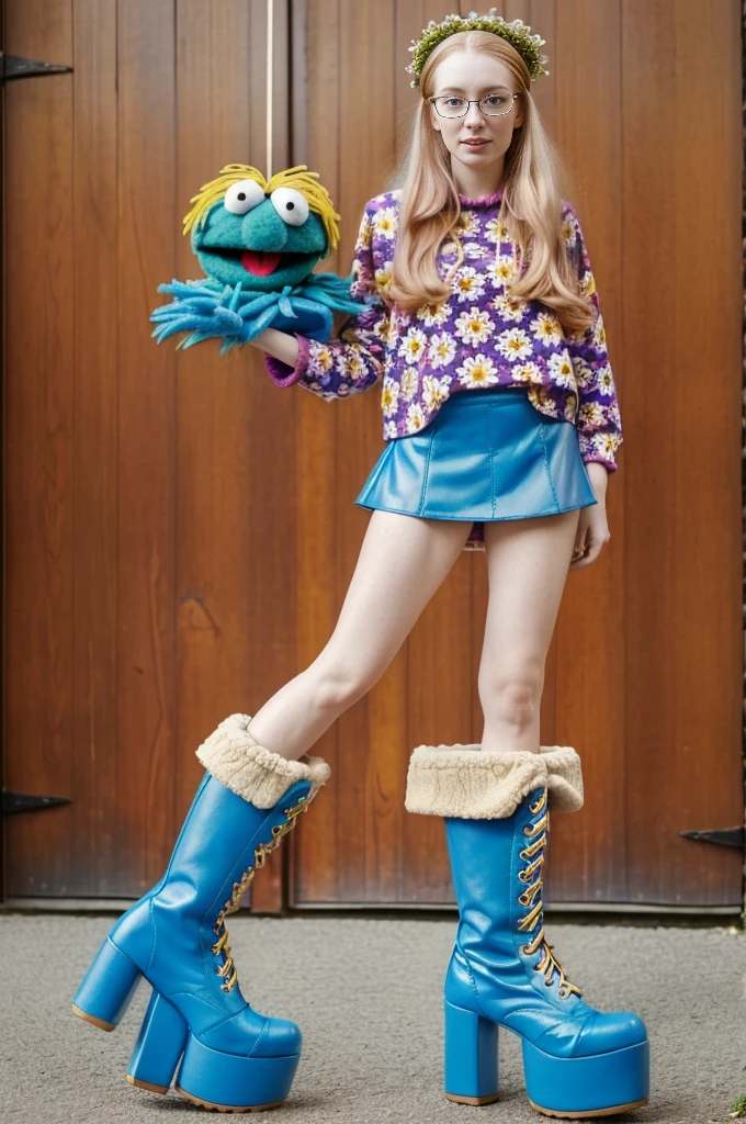 from below, (pale girl,pale skin full of freckles, glasses, muppet face bag, blue boots with a blue heel, full lenght view, heavy boots, platform boots, massive boots, kneehigh boots, full length view, full height view, flower power, killer boots, 1990s flower power hippy, ) outfit inspired by Cookie Monster Muppets clothes outfit,pop art, sesame street, sesame street muppets, gonzo, the muppets, muppet show, totally gonzo, leaked image, muppet with the girl.

