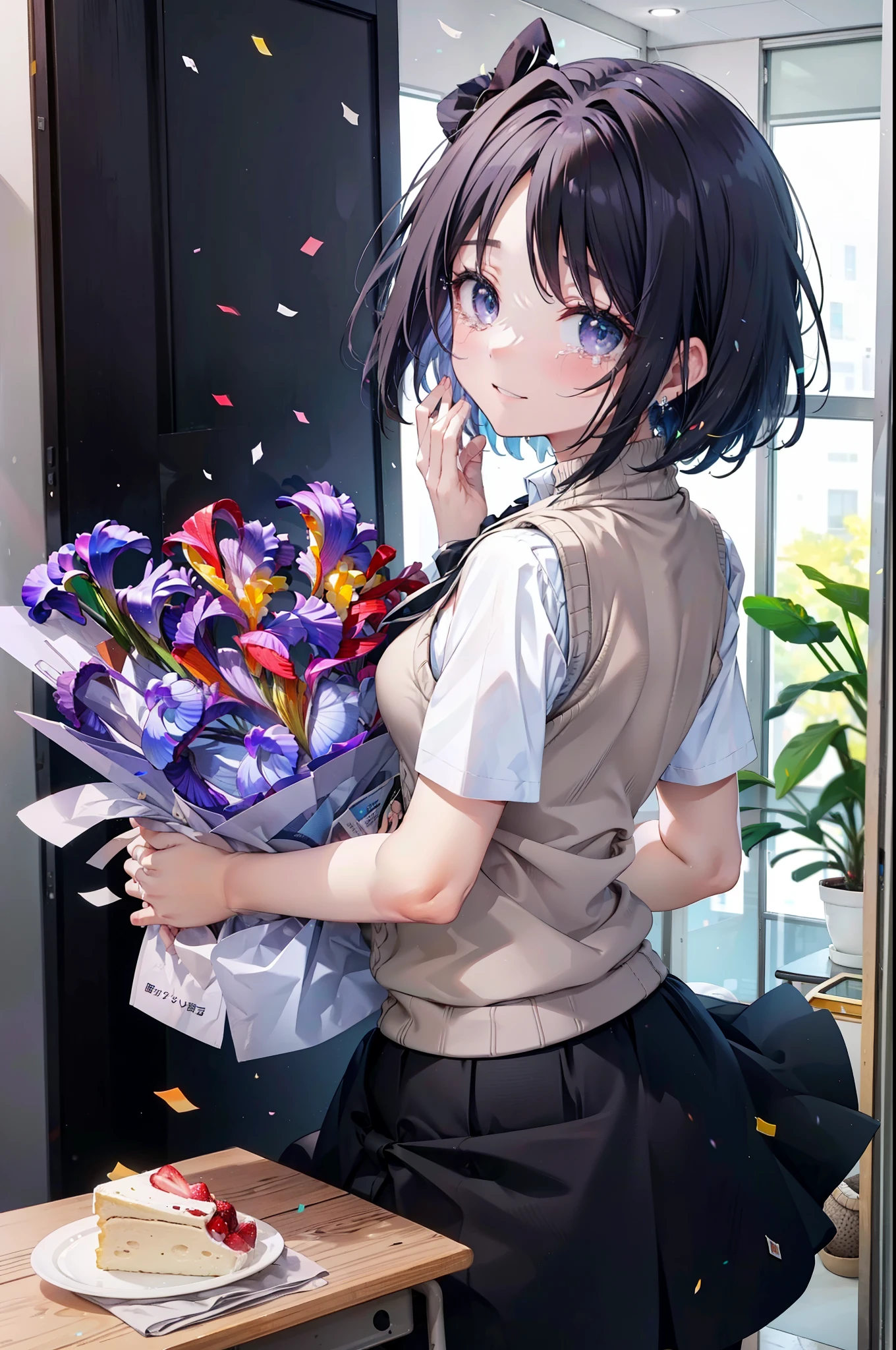 yuukikonno, Yuki Konno,Black Hair,short hair,Bob Hair ,Green headband,(iris:1.5), (Small breasts:1.2), smile,break skirt, shirt, bow, ribbon, , white shirt, Short sleeve, Pleated skirt, collared shirt, mini skirt, bowtie, 茶色のloafers , Black Skirt, Black Pantyhose, loafers, black bow, Sweater vest, (back Sweater vest:1.5),There is a big birthday cake on the table.,Tears stream down her face,Tears of joy,I cry a lot,whole bodyがイラストに入るように,holding a large bouquet of flowers in both hands,Confetti,
break indoors, School,classroom,
break looking at viewer, whole body,
break (masterpiece:1.2), highest quality, High resolution, unity 8k wallpaper, (shape:0.8), (Beautiful details:1.6), Highly detailed face, Perfect lighting, Highly detailed CG, (Perfect hands, Perfect Anatomy),