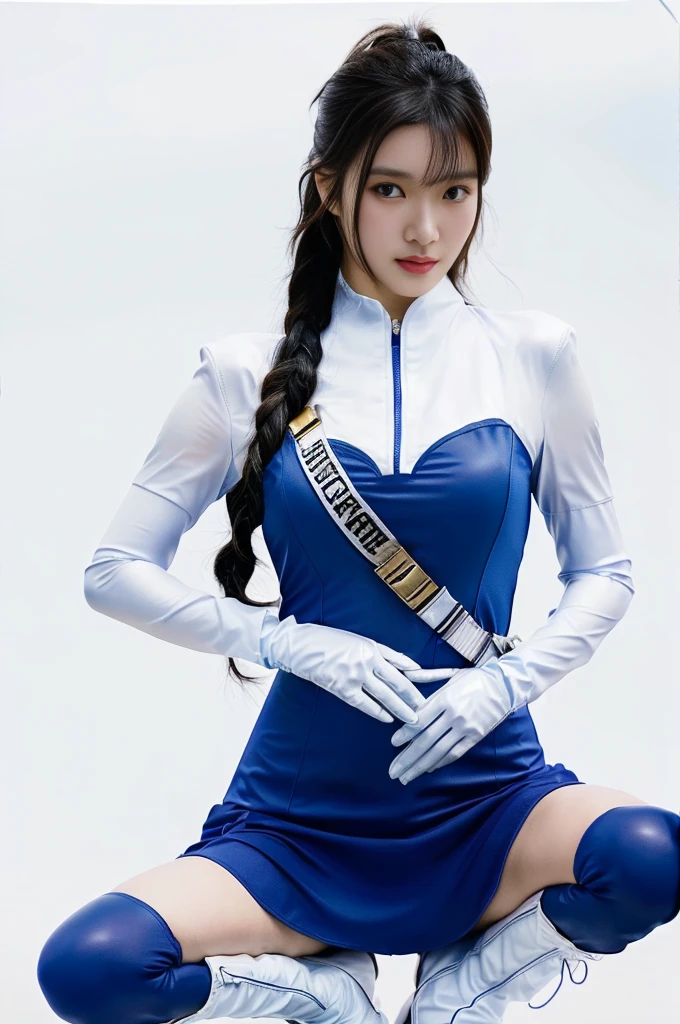 A woman dressed as a Color Guard poses with a flag, Conducting at the front of the marching band、yayoi kasuma, Seifuku, A girl dressed in color guard uniform,White braided boots、White Leather Gloves、 blue, Charming Jill Valentine, Misato katsuragi, Ayaka Cosplay, High Quality Rendering, Advertising images, Faye Valentine, Promotional Rendering, Ultra-high resolution, fubuki, sakimichan, Full body close-up shot