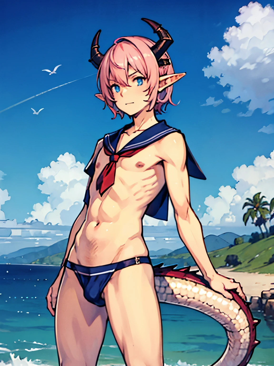 One male femboy with dragon horns and tail pink hair and elf ears dressed as a sailor