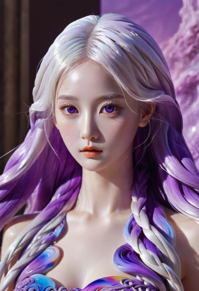 (Super Fine,lifelike:1.37),Psychedelic abstract art:3D goddess sculpture made of flowing liquid,Two girls side by side looking at the viewer, yinji, purple hair, purple eyes, long hair, white hair, double braids, gradient hair, Upper body portrait,Background of the myth,creative composition,Meticulous attention to detail,Liquid textures and patterns,High-resolution rendering,Crystal clear,Exquisite craftsmanship,Dreamy atmosphere,Sensual and fascinating,masterpiece:1.2。