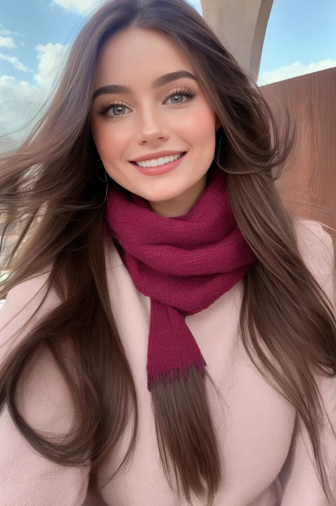 Casual photograph, best quality, 8K, hyper detailed, full body, A close up portrait of a Gorgeous, charming, alluring, graceful, majestic, classy, stylish, flowing super long brown haired argentinian woman. Flowing hair, silky hair, glowing hair, ethereal argentinian beauty, exotic argentinian beauty, timeless argentinian beauty, dream argentinian beauty. She has the cutest face, beaming countenance, fair porcelain skin, soft make-up, red lipstick, she is wearing a burgundy leather jacket, sweater, scarf, skinny trousers, and boots. She's glad, happy, cheerful, joyful, angelical face, angelical beauty. Affectionate woman, tenderness and delicacy in person. She's at park, sharing a day with a  cute girl, a toddlewho is her niece, they're joyfully possing for camera togheter.