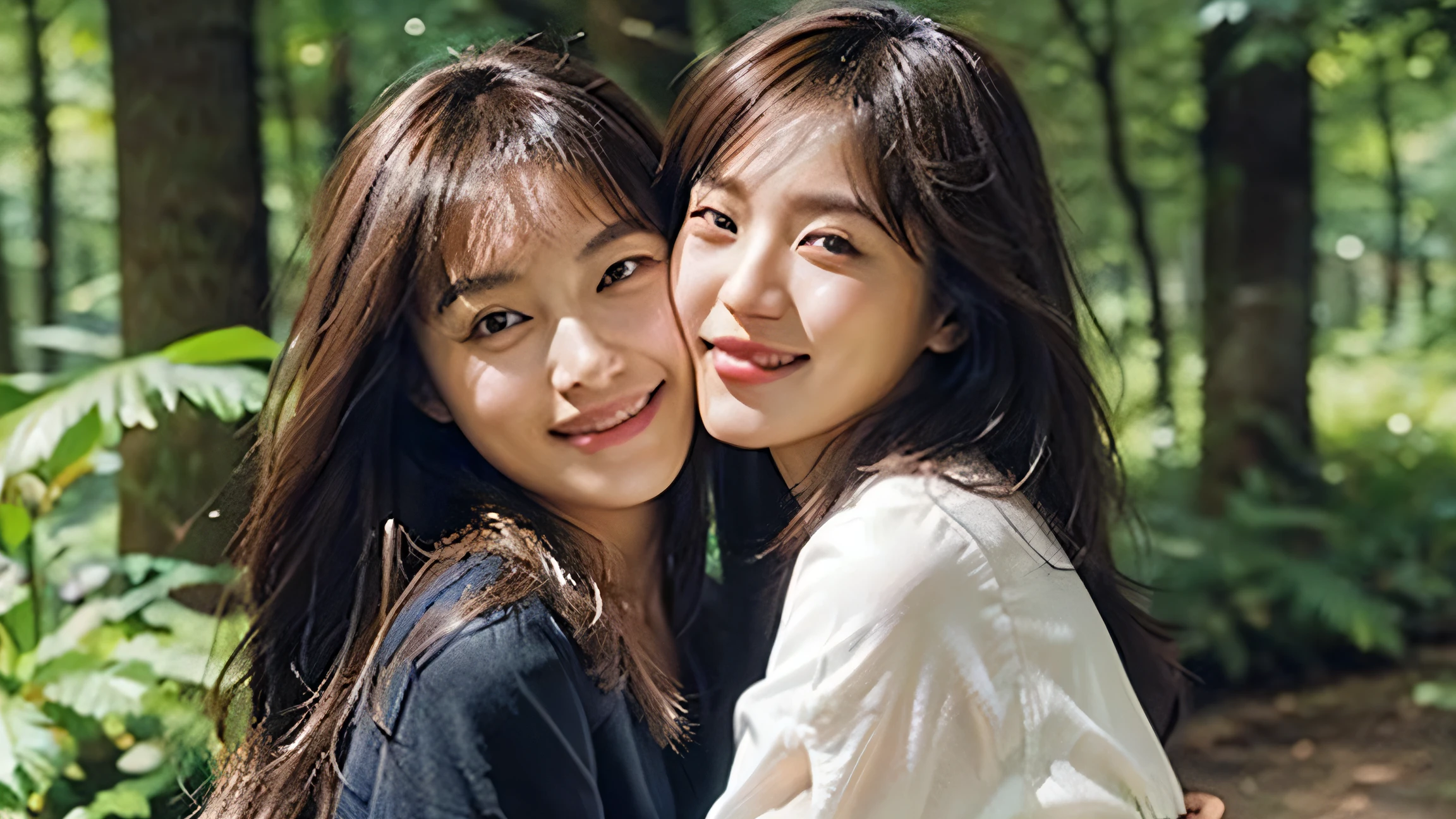 (8k、RAW Photos、highest quality、masterpiece:1.2)、(Realistic、Photorealistic:1.37)、Very detailed、Ultra-high resolution、Beautiful Japanese Girl、20-year-old、Twin sisters hugging each other、The background is a forest、Seeing the viewer、Beautiful and elaborate face、Laughter、narrow、(Slim waist) :1.3)、One is in a white dress、One of them is wearing a black dress、Full body photo、Beautiful, smooth skin、Skin Texture、Detailed dark brown eyes、Ash brown hair color、Floating Hair、Professional Lighting