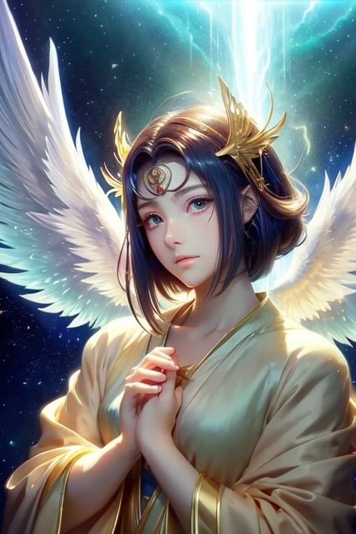 Anime Style, (Surrealist:1.2), beautiful, Master Parts, highest quality, Highly detailed face, Perfect lighting, Nice hands, Perfect Arms, An angel shining with a sacred and heavenly splendor, (Heavenly Being:1.2), (Calm expression), (Majestic Wings), (Mysterious glow:1.1), (Peaceful and comfortable), (Superb beauty), (God&#39;s Grace), (A symbol of purity), (Golden Halo), (An uplifting atmosphere), (Kingdom of Heaven), (Spiritual Lighting), (Soft and protective), (Illumination light:1.2), (Angelic figures), (Harmony and tranquility), (Angel Robe), (Timeless and heavenly), (Captivating aura), (Healing and guidance)