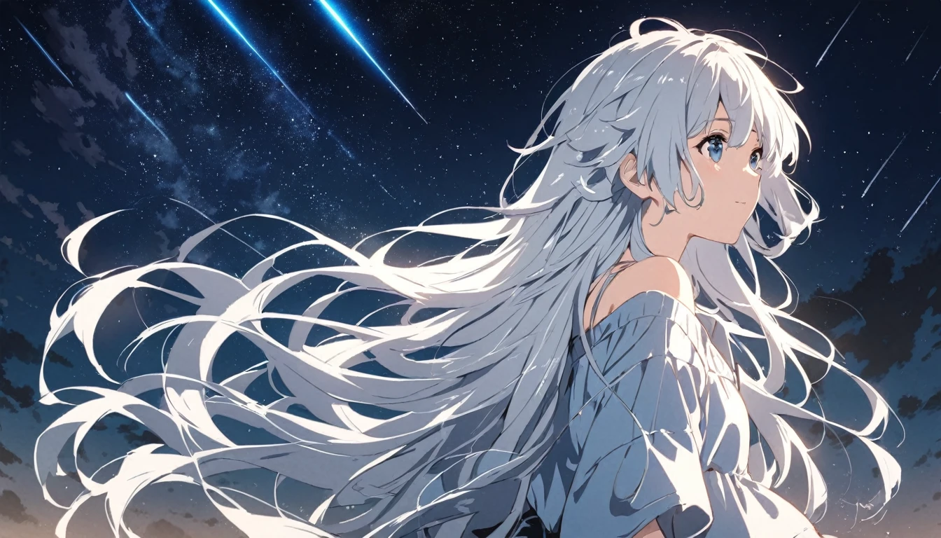 Anime drawings inspired by Makoto Shinkai, A girl throws a star into the dark sky, Shooting stars radiating from the night sky,pretty girl, Silver Hair, Long Hair, Disheveled Hair, Shiny Hair, listen to music
