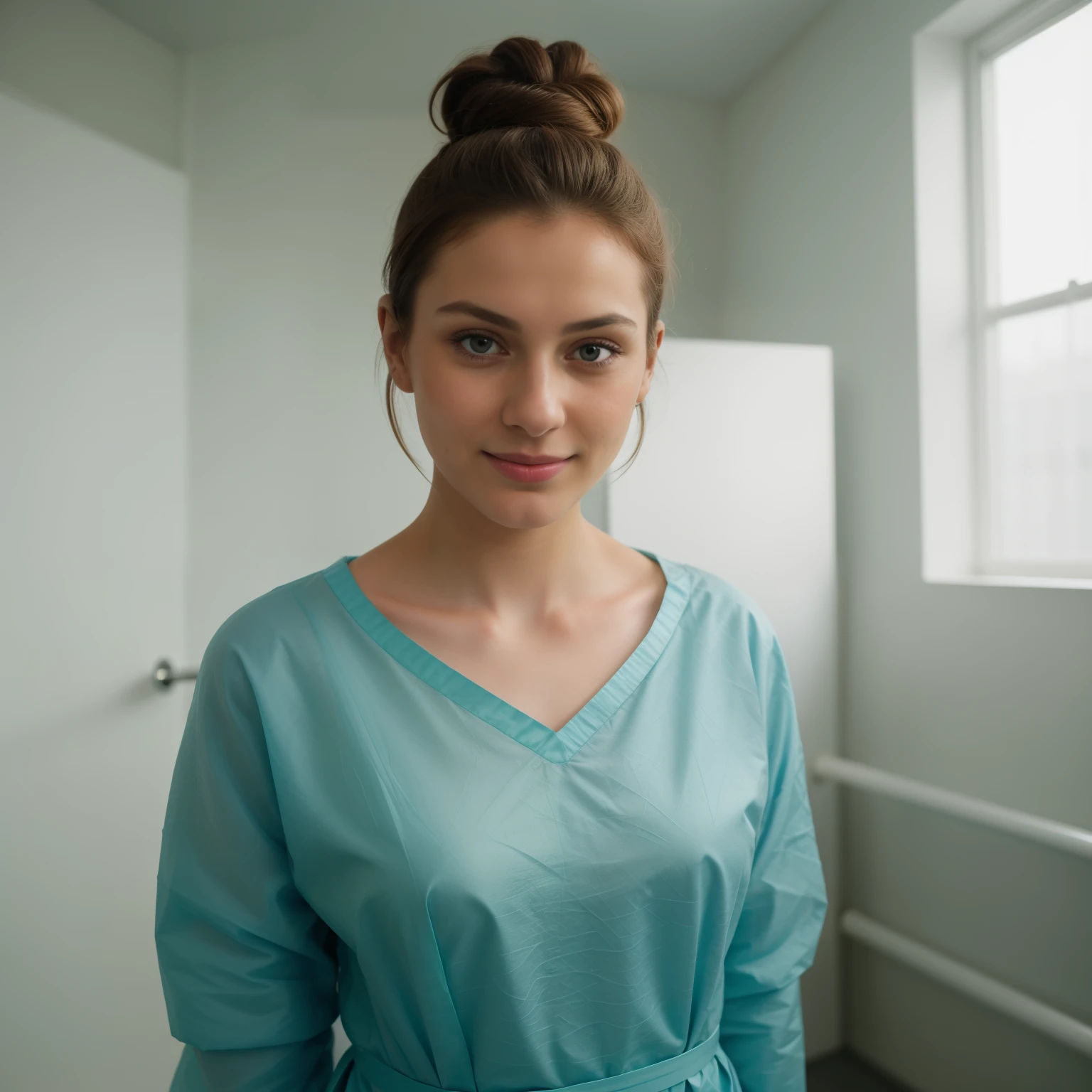 A Realistic Portrait, of a girl, 7 years old (lady oscar),, wearing teal nylon patient gown, standing in medical change room, schier, Vollansicht, Seitenschuss, Full body shot, , Full body closeup, Beautiful, detailed face, detailed eyes, (realistic skin:1.3), (pale skin:1.1), (textured skin:1.3), (()), big smile, (iphone photograph), , (artificial lighting:1.3), looking at the camera, perfect slim body, amateur Photography, Photorealistic, Detailed, analog, poor quality, grainy, , frontal wideangle, showing full body, direct front perspective, ,short hair tied up, hair bun, hair tied as chignon