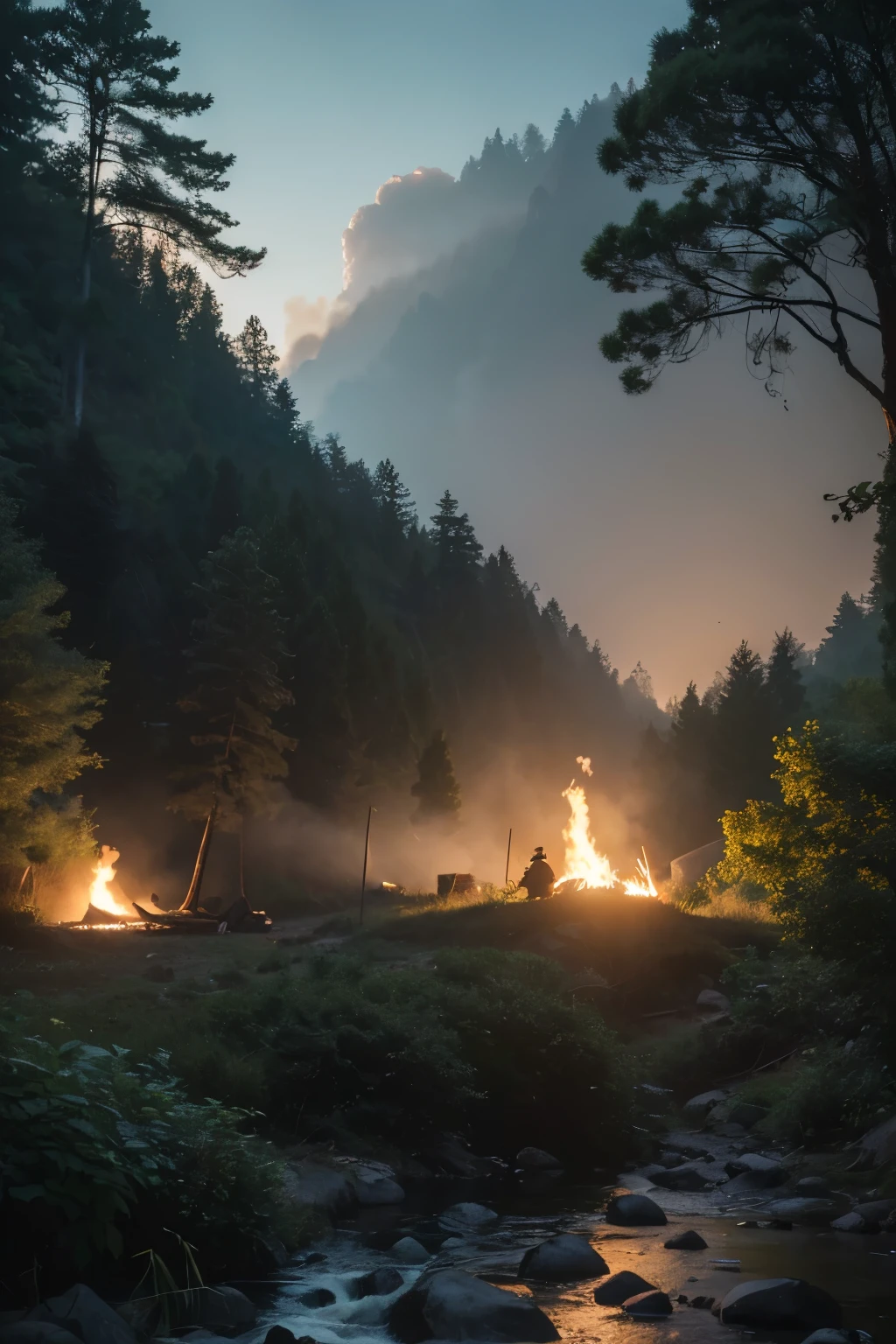 raw photo, nightfall, Chinese forests and rivers, Campfires and campsites, photorealistic, puff of black smoke, Hordes of ancient soldiers in the forest, Chinese architecture sparsely hidden in nature, high detailed texture, 8k uhd, dslr, soft lighting, high quality, film grain, Fujifilm XT3, highly detailed photography, (muted colors, cinematic, dim colors, soothing tones:1.2), vibrant, insanely detailed, hyperdetailed, (vsco:0.3), (intricate details:0.9), (hdr, hyperdetailed:1.2) (highest coherency: 1.39) (highest quality: 1.39) (rule-of-thirds) (award-winning) (masterclass) (highest resolution: 1.39), The army was stationed in the forest, and in the distance, as the battle raged and smoke billowed, a group of soldiers rushed to the camp