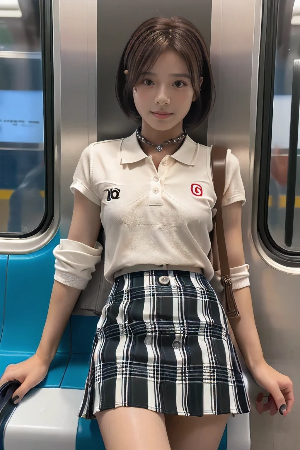 On the way home from a university club、(18 year old woman on train:1.5)、(Holding on to a strap:1.2)、(The best quality at its best:1.4), (Super detailed), (Very detailed CG unified 16k), Beautiful woman with perfect figure: 1.4, Sharp focus: 1.2, Very detailed, High-quality RAW color photos, Professional photography, Great face and eyes, cosmetics, (Amazingly beautiful girl), ((White polo shirt、Checkered mini skirt:1.5)), Sexy posture,(View from below), Realistic movie faces, Wide zoomed out view of head to foot length, Full body long view, Realistic, ((Realistic natural orange red hairstyle, Realistic blue eyes)), ( Short Bob Hair:1.5), (necklace:1.5)、, Very beautiful face, Perfect model beauty, Mouth swelling, Highly detailed face and skin texture, Fine grain, double eyelid, Medium chest, smile, Crack, west, (masterpiece), highest quality, High resolution, Very detailed, Blurred Background, Depth of written boundary, Cinema Lighting, Great legs, , Clear, well-maintained skin, (((Women make up the majority of the photo)))