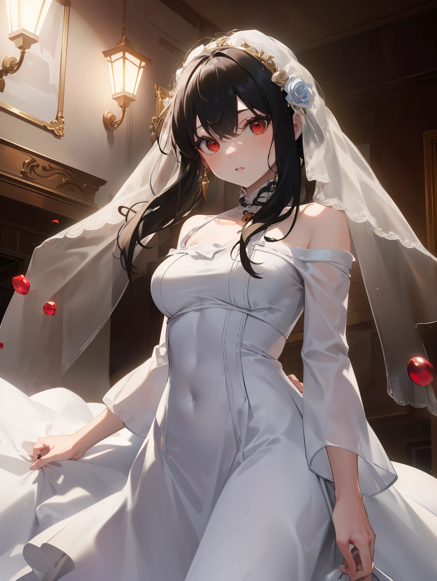 Ajof, side locks, golden hairband, hair adornments, ((Red eyes:1.5)), gold earring, Large breasts,((black hair:1.5)),
BREAK ((white off-shoulder wedding dress:1.5)),
BREAK looking at viewer, (cowboy shot:1.5), expression is solemn,cute expressive face,
BREAK (masterpiece:1.2), best quality, high resolution, unity 8k wallpaper, (illustration:0.8), (beautiful detailed eyes:1.6), extremely detailed face, perfect lighting, extremely detailed CG, (perfect hands, perfect anatomy),