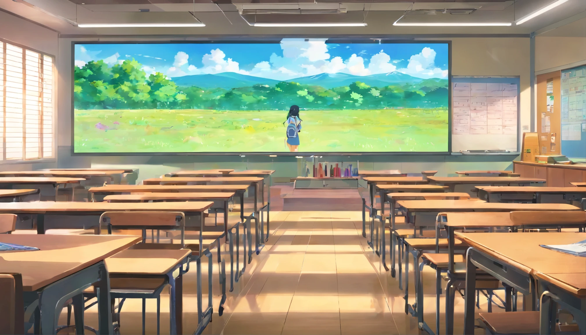 inside school anime , anime class background class, class without students, empty class, data analytics on main tv screen and on each student's table