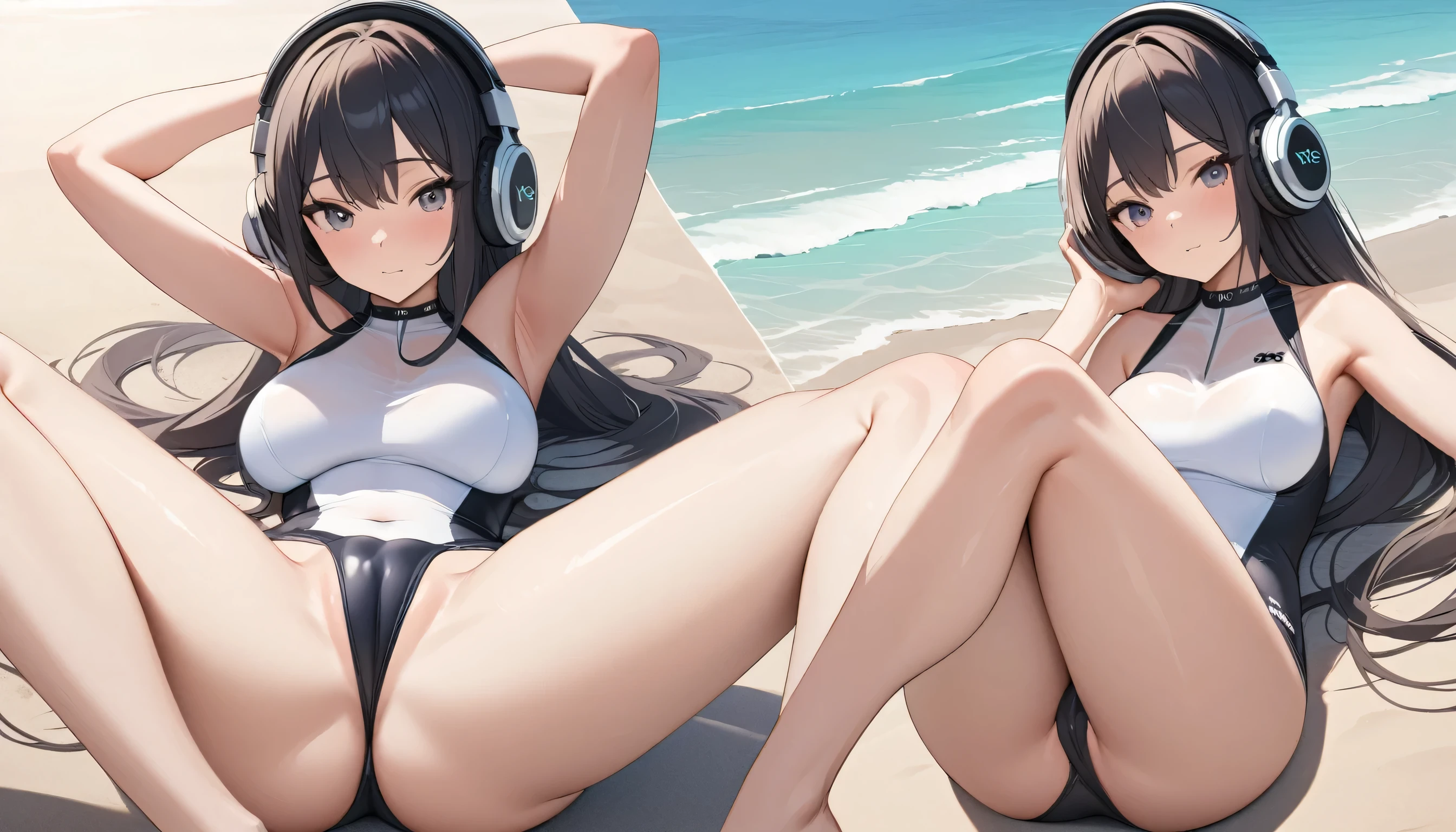 ((Top Quality)), ((Masterpiece)), ((Detail)), Perfect face, sitting on the beach, listening to music, wearing headphones, wearing swimsuits, swimsuits are transparent, legs open Sitting wide open, wearing tight clothing (yes, buttocks and breasts are exposed). I see a face.