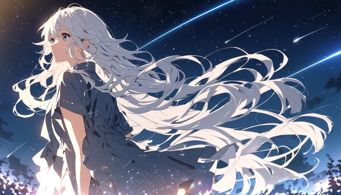 Anime drawings inspired by Makoto Shinkai, A girl throws a star into the dark sky, Shooting stars radiating from the night sky,pretty girl, Silver Hair, Long Hair, Disheveled Hair, Shiny Hair, listen to music