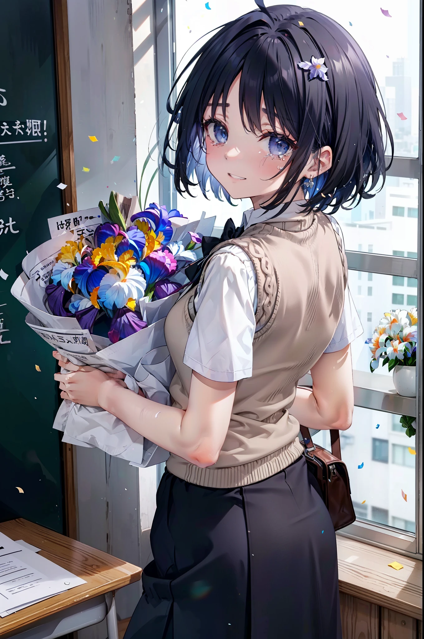 yuukikonno, Yuki Konno,Black Hair,short hair,Bob Hair ,Green headband,(iris:1.5), (Small breasts:1.2), smile,break skirt, shirt, bow, ribbon, , white shirt, Short sleeve, Pleated skirt, collared shirt, mini skirt, bowtie, 茶色のloafers , Black Skirt, Black Pantyhose, loafers, black bow, Sweater vest, (back Sweater vest:1.5),There is a big birthday cake on the table.,Tears stream down her face,Tears of joy,I cry a lot,whole bodyがイラストに入るように,holding a large bouquet of flowers in both hands,Confetti,
break indoors,  School,classroom,
break looking at viewer, whole body,
break (masterpiece:1.2), highest quality, High resolution, unity 8k wallpaper, (shape:0.8), (Beautiful details:1.6), Highly detailed face, Perfect lighting, Highly detailed CG, (Perfect hands, Perfect Anatomy),