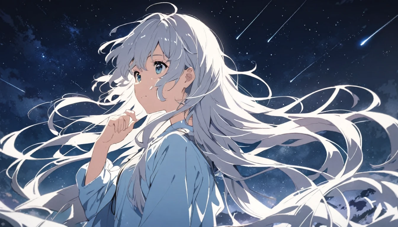 Anime drawings inspired by Makoto Shinkai, A girl throws a star into the dark sky, Shooting stars radiating from the night sky,pretty girl, Silver Hair, Long Hair, Disheveled Hair, Shiny Hair, listen to music