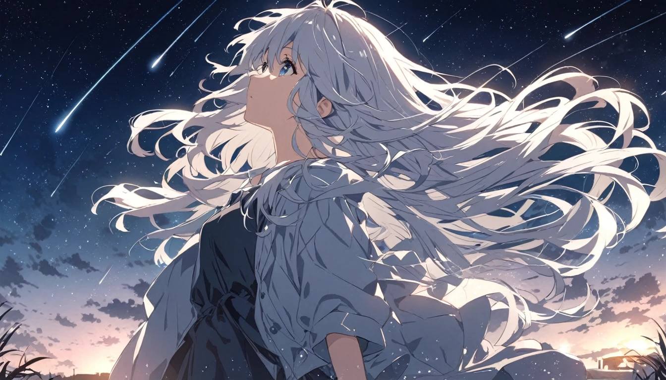 Anime drawings inspired by Makoto Shinkai, A girl throws a star into the dark sky, Shooting stars radiating from the night sky,pretty girl, Silver Hair, Long Hair, Disheveled Hair, Shiny Hair, listen to music