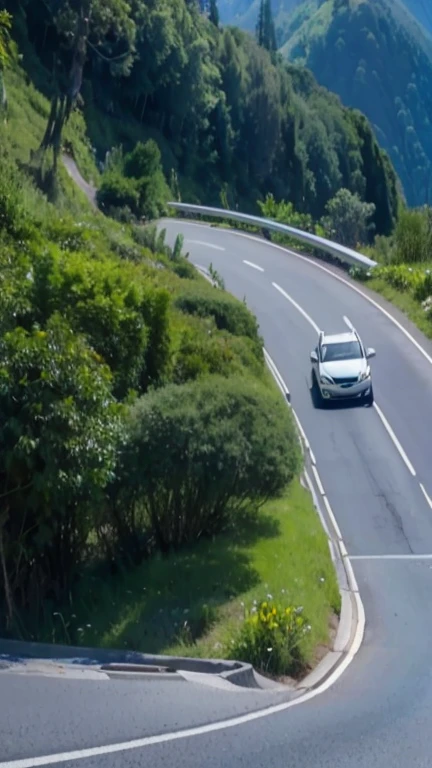 I want to generate a picture of "blue sky and white clouds,A Buick SUV is driving on a winding mountain road,One side of the mountain road is a steep slope facing the sea.,There is beautiful vegetation on the other side" poster