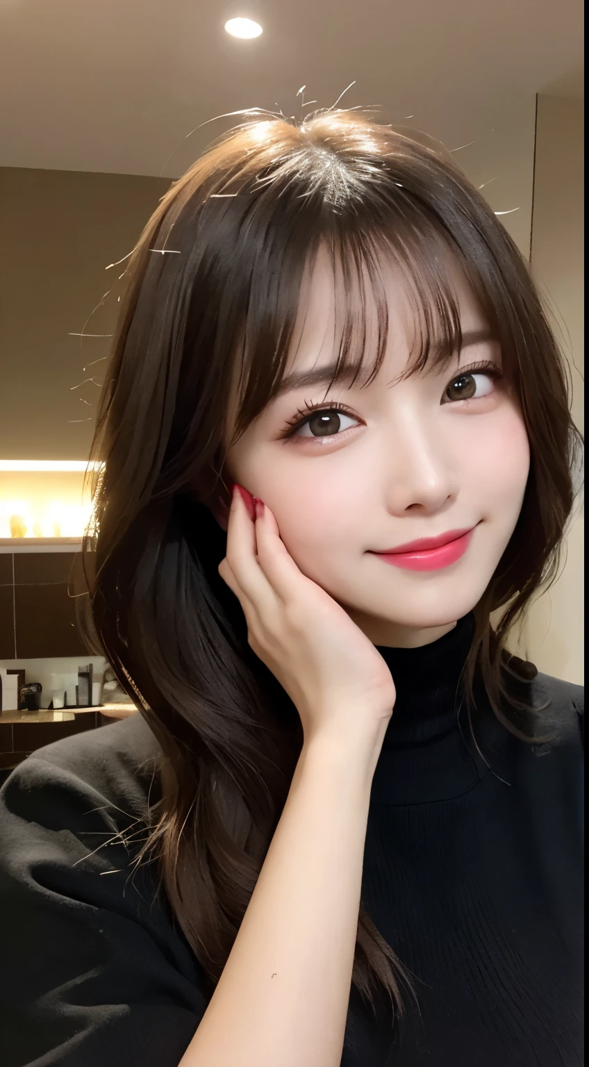 Tabletop, highest quality, shape, Very detailed, finely, High resolution, 8k wallpaper, 完璧なダイナミックな構shape, Beautiful and exquisite,ランダムなcute髪,,Natural color lip, Bold sexy pose,smile、20-year-old girl、cute、Looking into the camera,Always blur the background,Perfect and beautiful face,Slim face and figure,Big eyes、Putting on gal makeup,Small face,Shooting from below、smile,Blurred Background,Elegant feminine face、Cyberpunk Fashion、smile、A pose that pleases men